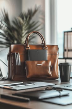 Mocha-colored laptop bag elegantly positioned on a sleek office desk, surrounded by modern accessories like pens, notebooks, and a stylish coffee mug. subtle natural light and a plant create a sophisticated work environment.