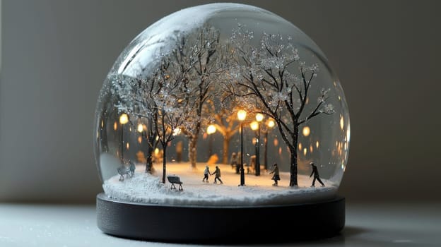A modern snow globe features a city park draped in snow with skaters enjoying an ice rink. illuminated by warm streetlights, the minimalist base is designed in sleek black and silver tones, creating a stylish winter scene.