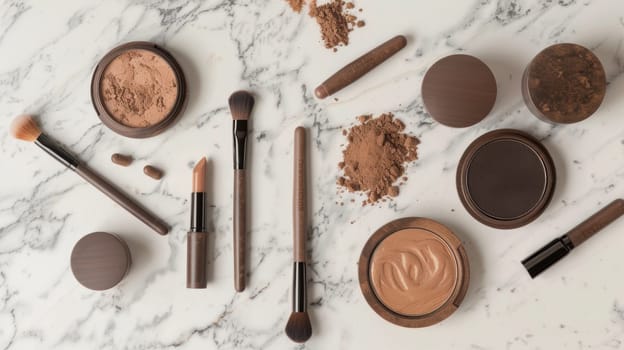 Flat lay of makeup products in mocha mousse shades arranged on a marble surface, featuring lipsticks, brushes, and compact powders. ideal for beauty, fashion, and design concepts focusing on elegance and sophistication.