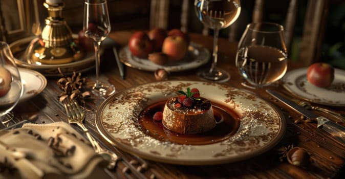 A beautifully plated mocha mousse dessert on a fine dining table, complemented by a glass of wine and classy cutlery. the scene exudes sophistication and gourmet elegance, ideal for culinary presentations and upscale restaurant promotions.