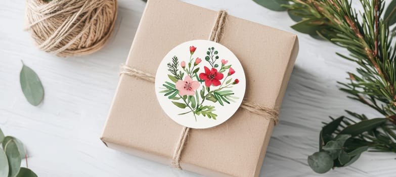 Watercolor floral sticker on a kraft paper gift box, adorned with natural twine, surrounded by greenery and pinecones. ideal for eco-friendly gift packaging, this design melds rustic charm with artistic elegance, perfect for special occasions.
