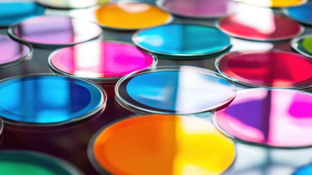 Circular stickers showcasing vibrant colors and high-quality glossy finishes are placed on a reflective glass table, emphasizing their vivid appeal and print quality, ideal for design, print, and promotional purposes.