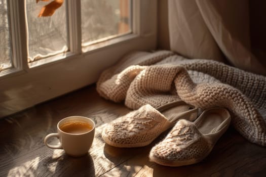 A tranquil weekend morning setup featuring mocha mousse slippers, a coffee cup, and a soft knit throw. warm natural light casts a serene glow across the calming arrangement, perfect for relaxation and comfort during leisure time.
