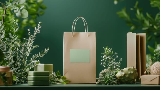 Featuring a rectangular sticker with eco-friendly branding, a paper shopping bag is surrounded by sustainable packaging. greenery and natural elements enhance the environmentally conscious aesthetic. ideal for eco-conscious design themes.