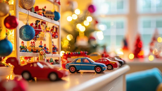 Toy-themed advent calendar displaying miniature cars and figurines in a child's room. surrounded by festive holiday decorations, including cheerful ornaments and a holiday tree with lights, perfect for creating a playful holiday atmosphere.