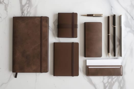 Visually appealing minimalist flat lay showcasing mocha mousse stationery items, including notebooks, pens, and planners, arranged elegantly on a white marble desk. ideal for stylish office design inspiration and productivity aesthetics.