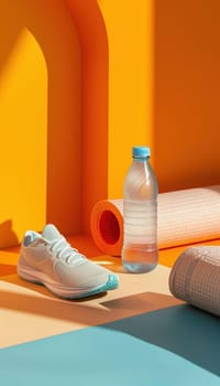 Mocha mousse-themed athletic wear, a water bottle, and a yoga mat set in a brightly lit gym studio. the arrangement creates a modern and inviting atmosphere, the essentials for a fulfilling fitness session.