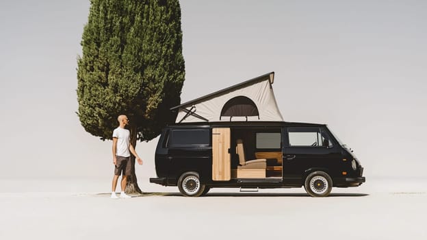 Sleek black camper van is parked in a field, its door open to reveal a cozy interior, inviting you to experience the freedom of the open road