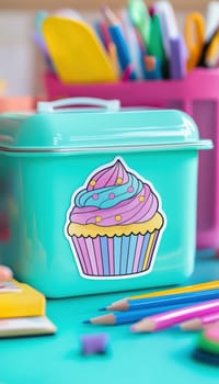 Whimsical pastel cupcake sticker decorates a child's pink lunchbox. surrounded by vibrant school supplies, including colored pencils and crayons in a classroom setting, creating a cheerful and playful atmosphere.