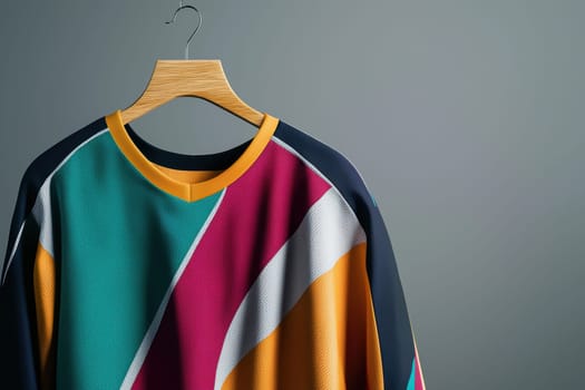 Realistic sports jersey hanging on a wooden hanger against a neutral gray backdrop, showcasing vibrant colors with customizable space for logos or designs. ideal for presentations, branding, and promotional content in sports merchandise.