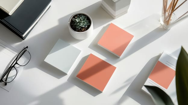 Rectangular stickers with matte finishes and modern typography designs are stacked on a white desk. this arrangement highlights their clean, minimalistic appeal, ideal for contemporary design projects seeking simplicity and elegance.