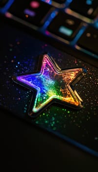 A striking holographic star sticker decorates a sleek, glossy black laptop. the scene showcases vivid rainbow reflections under direct lighting, creating a dynamic and colorful visual effect that highlights modern design aesthetics.