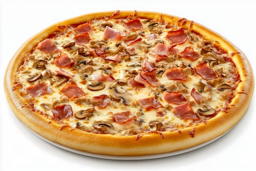 Pizza topped with ham, mozarella and mushrooms. It represents comfort food enjoyed globally for its versatility.