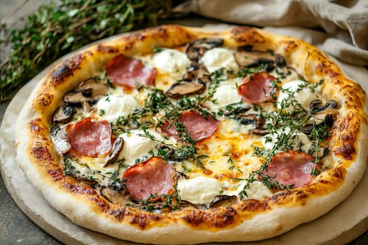 Pizza topped with ham, mozarella and mushrooms. It represents comfort food enjoyed globally for its versatility.