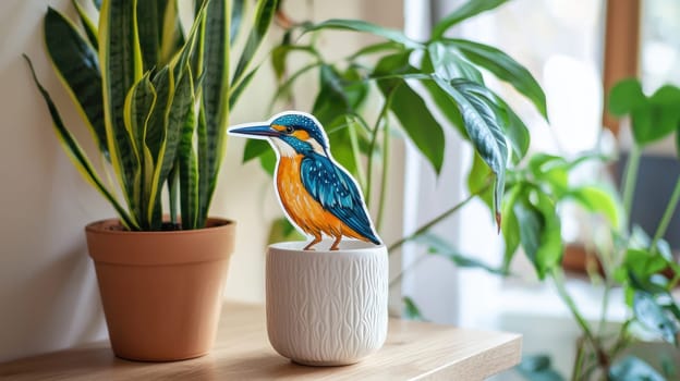 A lively tropical bird sticker on a white ceramic vase enhances an indoor setting styled with lush green plants. the combination brings a fresh, natural aesthetic to home decor, emphasizing color and organic elements.