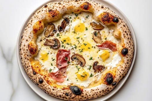 Pizza topped with ham, mozarella and mushrooms. It represents comfort food enjoyed globally for its versatility.