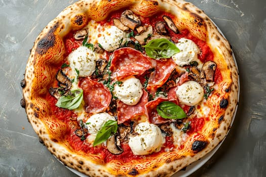 Pizza topped with ham, mozarella and mushrooms. It represents comfort food enjoyed globally for its versatility.
