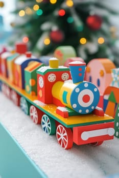 Colorful children's advent calendar designed as a festive holiday train. each car is filled with small toys or candies, set against a playful, snowy scene. the vibrant design adds a whimsical touch to holiday celebrations.
