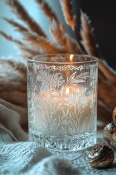 A frosted glass candle holder adorned with an intricate holographic floral sticker, styled amidst luxurious decor elements. soft lighting and surrounding florals enhance the elegance, ideal for upscale interior design concepts.