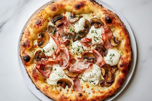 Pizza topped with ham, mozarella and mushrooms. It represents comfort food enjoyed globally for its versatility.