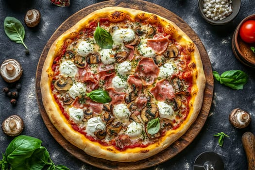 Pizza topped with ham, mozarella and mushrooms. It represents comfort food enjoyed globally for its versatility.