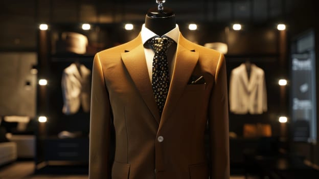A stylish mocha mousse sports jacket is showcased on a mannequin in a contemporary boutique setting. bright spotlights enhance the jacket's texture and color, while the modern decor creates an upscale shopping atmosphere.