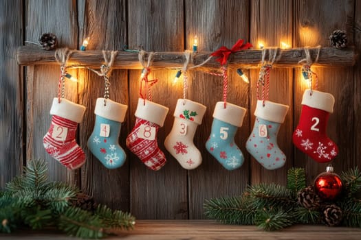 A charming advent calendar with handcrafted fabric stockings, each numbered with festive designs, hanging on a string against a rustic wooden wall. soft holiday lights and greenery enhance the cozy, christmas atmosphere.