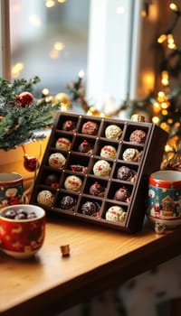 Festive advent calendar featuring assorted gourmet chocolates and truffles displayed in a warm kitchen. holiday mugs and glowing fairy lights create a cozy atmosphere, perfect for celebrating seasonal cheer and anticipation.