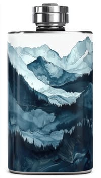 Glossy sticker featuring abstract mountain artwork on a stainless steel flask, surrounded by rugged mountain scenery. ideal for outdoor enthusiasts, it blends nature-inspired design with functional travel gear, exploration themes.