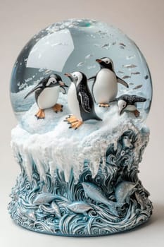 Penguins frolic on icy slopes within a detailed snow globe, surrounded by a snowy arctic landscape. the base features intricate icy blue textures and fish patterns, creating a whimsical holiday decoration perfect for wintry displays.