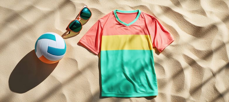 Professional flat lay featuring a vibrant volleyball jersey, a colorful volleyball, and stylish sunglasses placed on a textured sandy background, emphasizing the dynamic and energetic aesthetics of beach volleyball.
