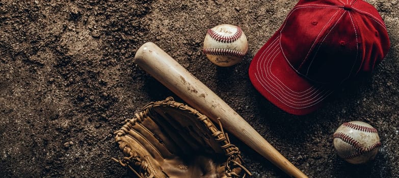 Flat lay composition of baseball apparel and equipment, featuring a jersey, glove, cap, and bat on a dirt background authenticity and connection to the sport for design and print purposes.