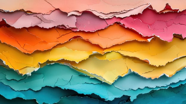 Brightly colored torn paper layers arranged in a wave-like pattern, showcasing contrasts in texture and hue. this dynamic composition is ideal for use in lively and visually engaging advertising, graphic design, or marketing materials.