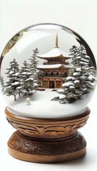 Snow globe featuring a buddhist temple with snow-covered pine trees. gentle snow swirls inside, and the wooden base is adorned with traditional asian motifs, creating a tranquil and festive winter scene ideal for decor.