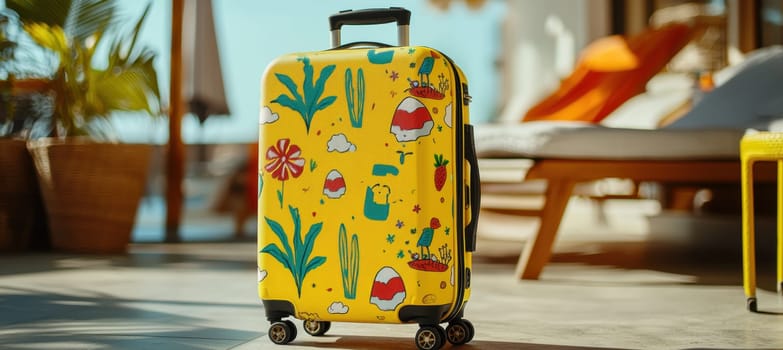 A bright yellow suitcase adorned with a vibrant summer-themed sticker design, featuring flowers and a rainbow. set against a sunny outdoor backdrop with palm trees and lounge chairs, conveying a cheerful travel atmosphere.