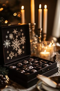 A sophisticated chocolate advent calendar with snowflake-shaped compartments, elegantly displayed on a christmas table adorned with glowing candles and exquisite crystalware, creating a festive and luxurious holiday atmosphere.