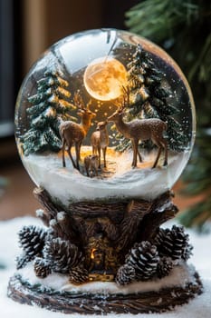 A peaceful snow globe scene featuring a family of deer standing in a snowy forest illuminated by glowing moonlight. the base showcases natural wood textures and intricate pinecone designs, creating a cozy winter ambiance.