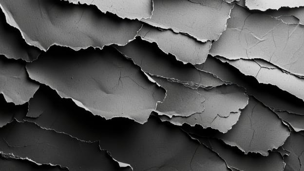 Layered torn paper textures create a striking abstract background in monochrome tones. the highly textured and irregular edges offer a unique element for modern branding, graphic design, or artistic compositions, emphasizing depth and contrast.