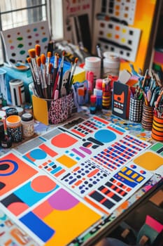 A vibrant sticker sheet featuring bold geometric designs adorns a desk filled with art supplies. the dynamic workspace exudes creativity, showcasing tools like markers, paints, and brushes, perfect for artists and designers.