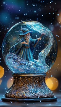 A whimsical fantasy snow globe features a tiny wizard conjuring a snowstorm, with swirling magic and glowing effects. the ornate base is adorned with intricate arcane runes and shimmering colors, creating an enchanting piece perfect for holiday decor.