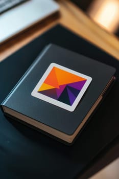 A square sticker featuring a vibrant geometric design rests on a matte black notebook. photographed in a professional studio, this setup highlights the contrast between the colorful sticker and the sleek notebook, perfect for showcasing print designs.