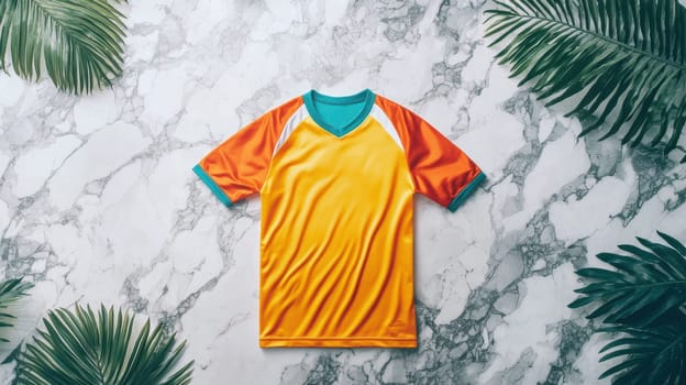 A brightly colored sports jersey is artfully laid on a stylish marble surface, complemented by minimalistic decor elements. the setting highlights the jersey's vibrant color and detailed fabric texture, offering ample space for text or branding.