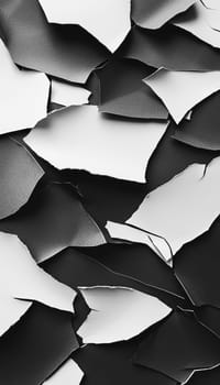 Dynamic arrangement of torn black and white paper pieces on a neutral backdrop creates a striking visual composition. the asymmetric design and textured materials are ideal for contemporary fashion marketing and artistic presentations.