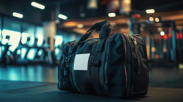 A bold sports logo sticker mockup showcased on a sleek black gym bag against a backdrop of a bustling gym. the dynamic setting features blurred motion, the active atmosphere and modern fitness equipment.
