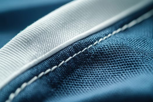 High-quality close-up of a rugby jersey's collar area, showcasing intricate stitching, material texture, and premium branding space. the image features a clean neutral backdrop, emphasizing the craftsmanship and fabric detail.