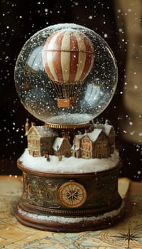 A whimsical snow globe featuring a charming hot air balloon soaring over a quaint snowy village. swirling snow enhances the magical ambiance, while the base is adorned with vintage maps and compass details, perfect for festive decor.