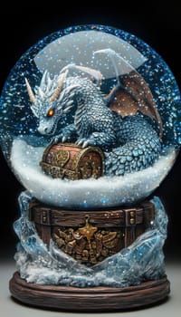 A captivating snow globe features a dragon curled protectively around a treasure chest in a frosty cave. glowing snow particles create a magical ambiance, while the base is intricately designed with icy textures and fantasy motifs.