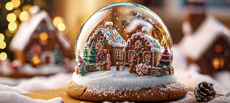 A whimsical snow globe showcasing a gingerbread village amid swirling snow and candy accents. the village sits on a cookie-like base with intricate icing details, emanating a festive holiday ambiance and enchanting charm.