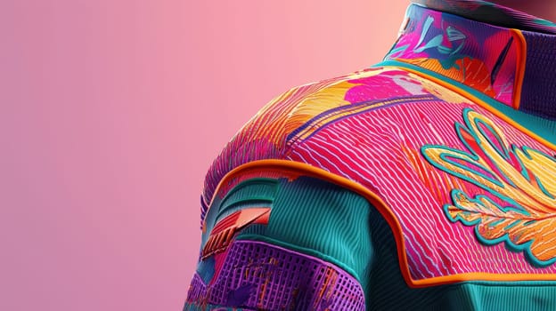 A detailed photorealistic close-up of a hockey jersey's shoulder highlights intricate stitching and vibrant patterns. the logo placement against a clean gradient background adds depth and texture, ideal for design purposes.