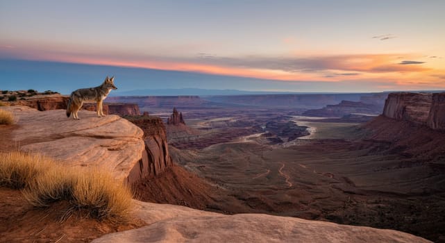 A coyote stands on a cliff's edge, gazing over a stunning canyon landscape. the expansive view highlights layered rock formations under a colorful sunset sky, capturing the wild beauty of nature.